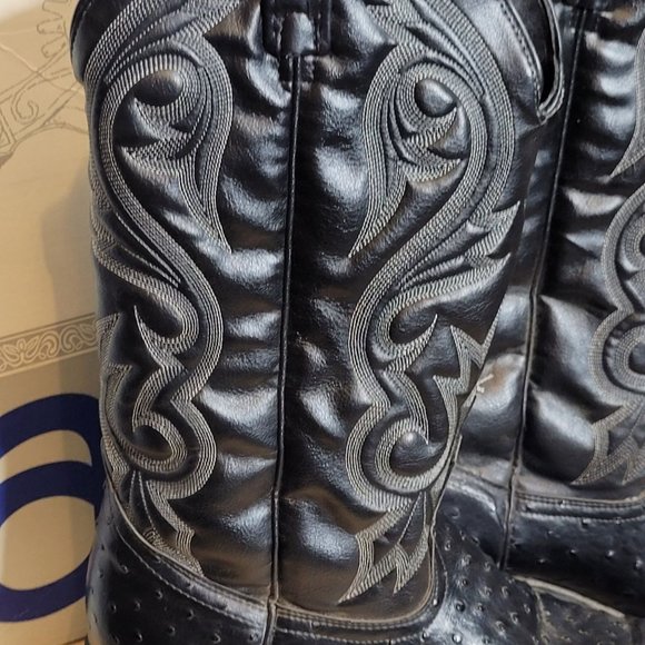 Vintage Acme Cowboy Boots Ostrich Print Mens 8.5 EW Black Original Box 80s - Picture 2 of 13